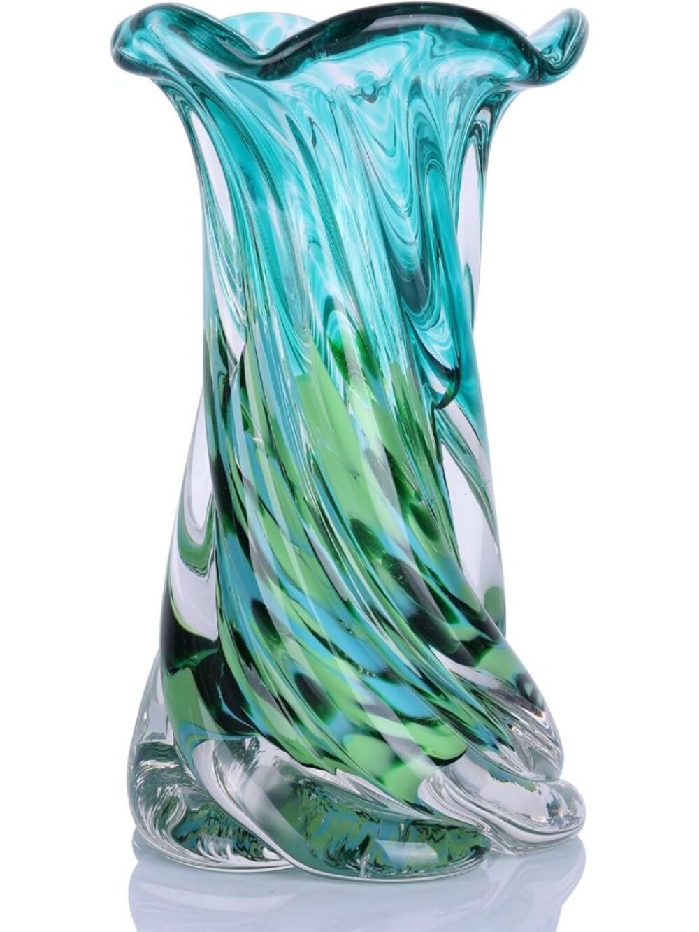 Unique Hand Blown Teal Green Glass Vase - Wide Mouth Decorative Centerpiece for